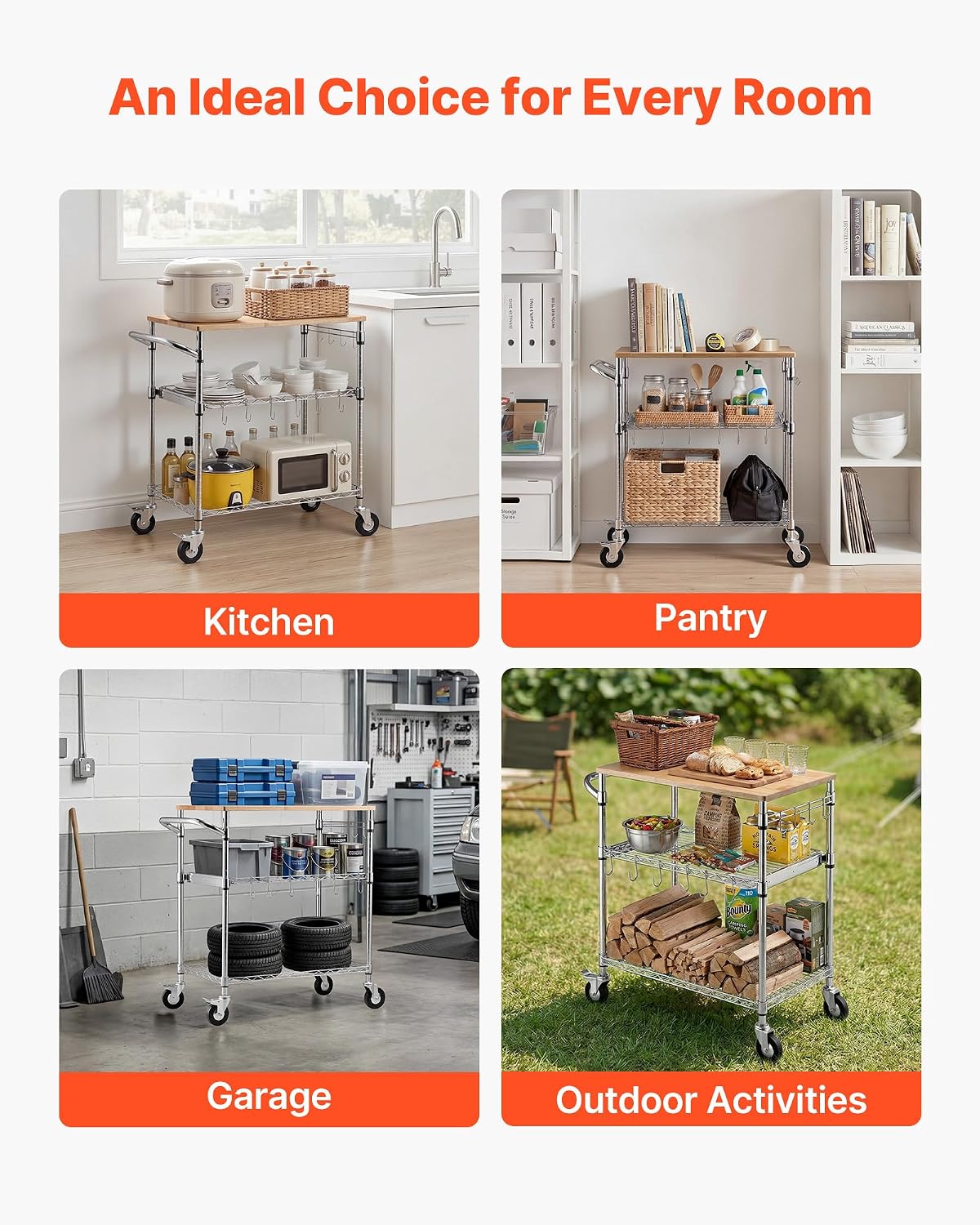 Wood Top 3-Tier Rolling Kitchen Cart