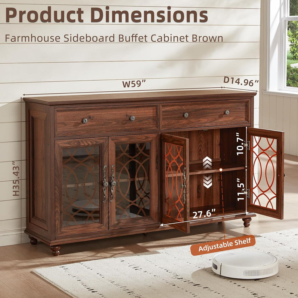Brown Farmhouse Glass Door Sideboard Cabinet