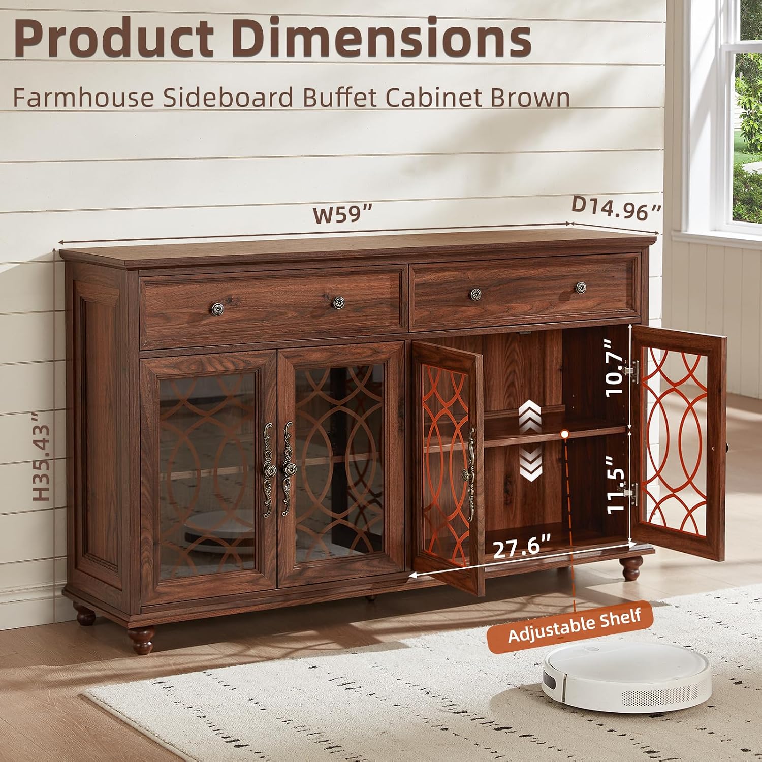 Brown Farmhouse Glass Door Sideboard Cabinet