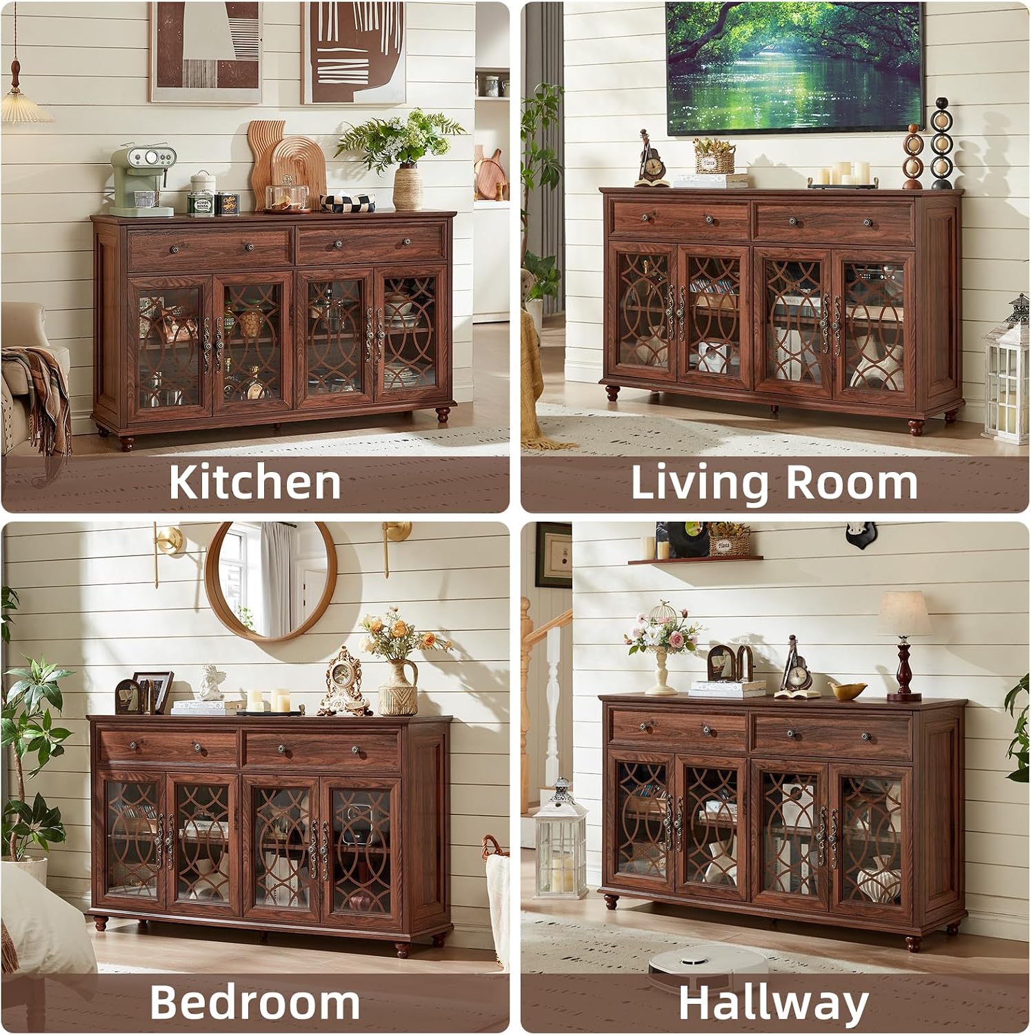 Brown Farmhouse Glass Door Sideboard Cabinet