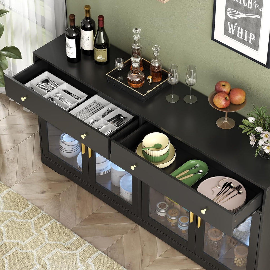 Black LED Light Glass Door Sideboard Cabinet