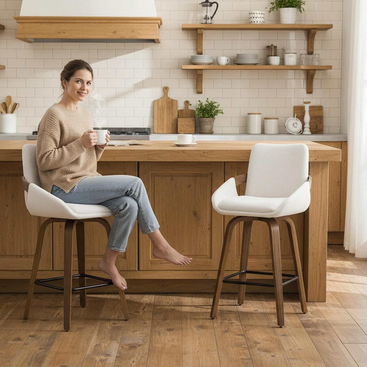 Beige Bentwood Swivel Stools Set 2