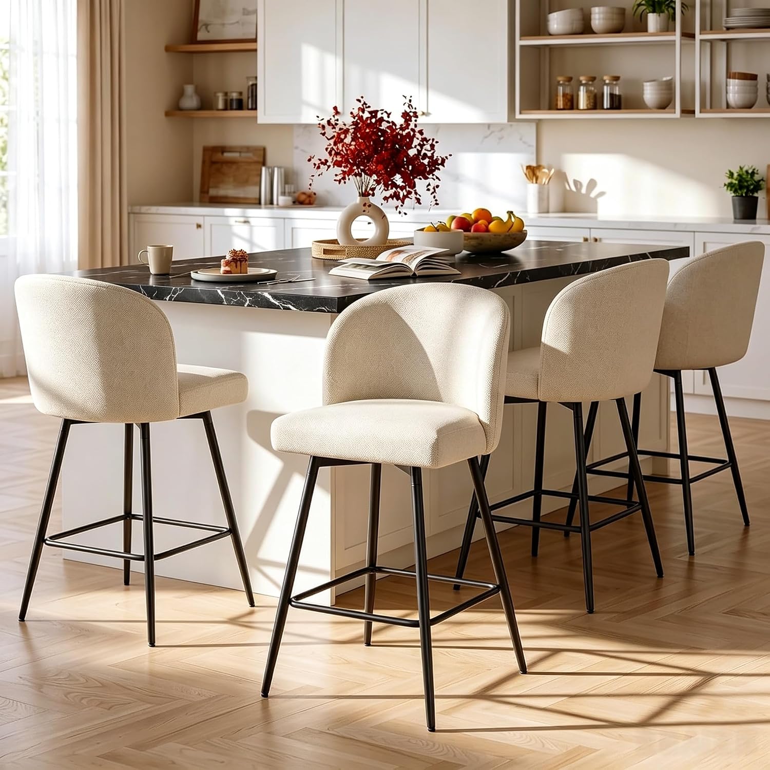 Beige Linen Swivel Stools Set 4