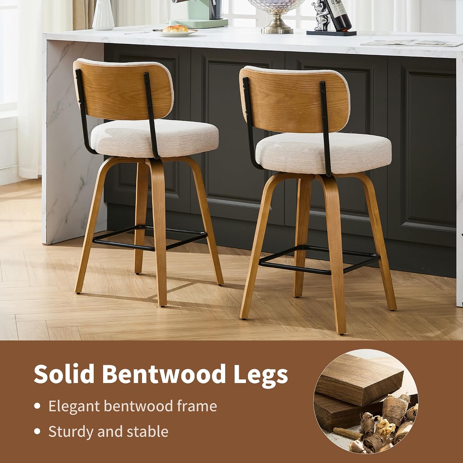 Beige Linen Swivel Stools Set 3