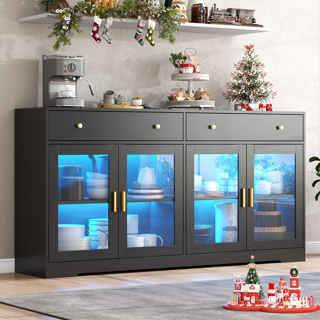 Black LED Light Glass Door Sideboard Cabinet