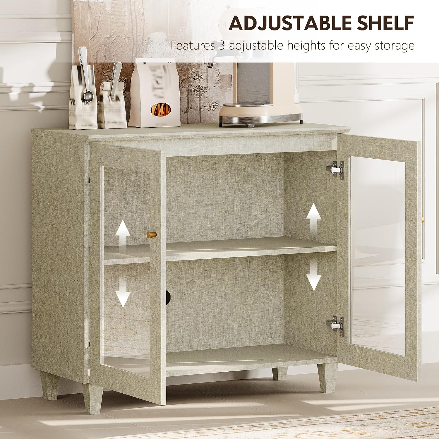 Light Beige Tempered Glass Door Coffee Bar Sideboard