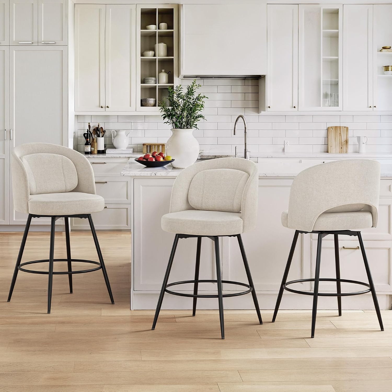 Linen Swivel Metal Stools Set 3