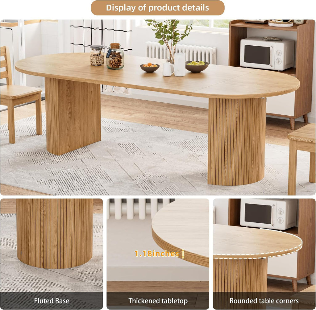 Natural Oak Fluted Oval Extendable Dining Table with 3 Leaves & Storage