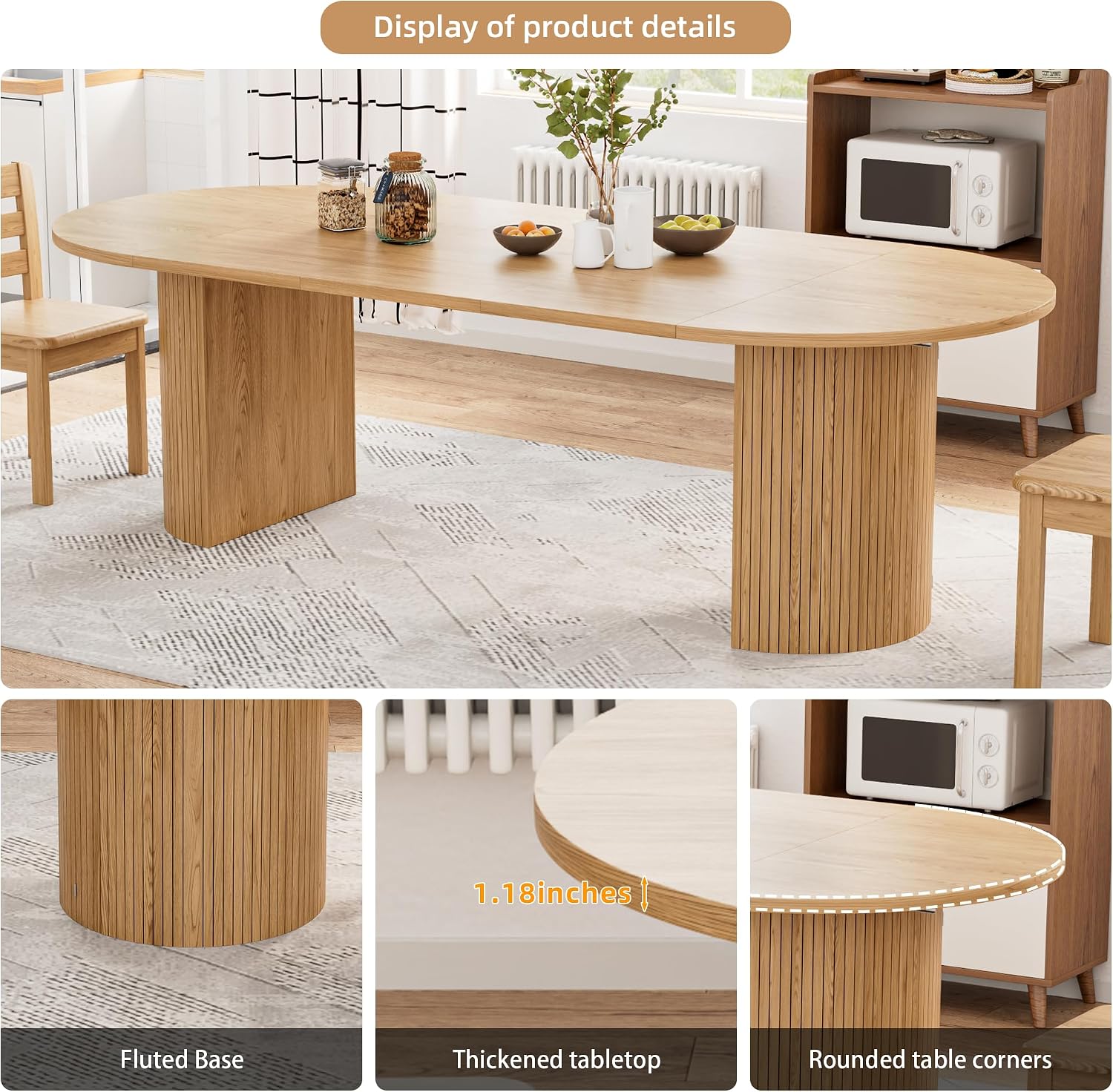 Natural Oak Fluted Oval Extendable Dining Table with 3 Leaves & Storage