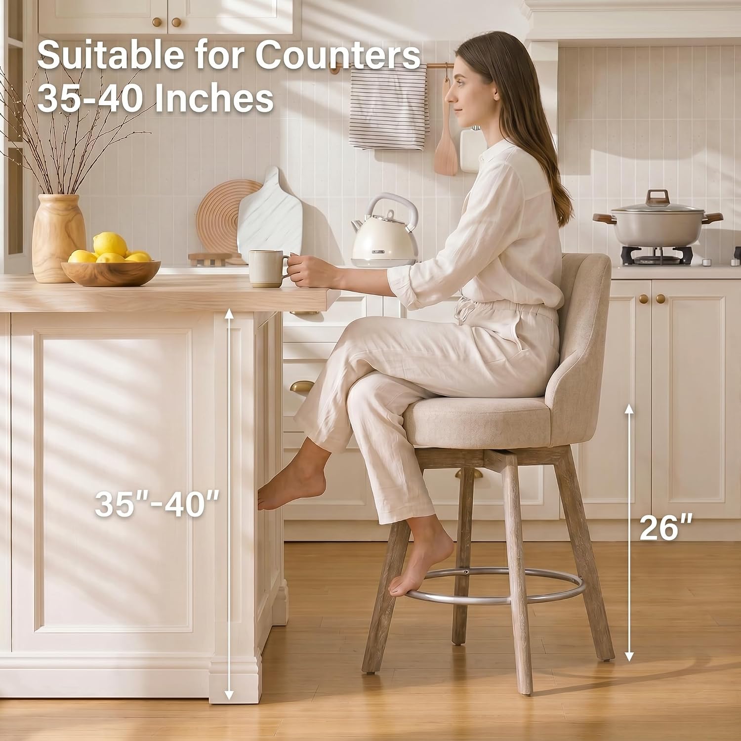 Sand Linen Wood Swivel Stools Set 3