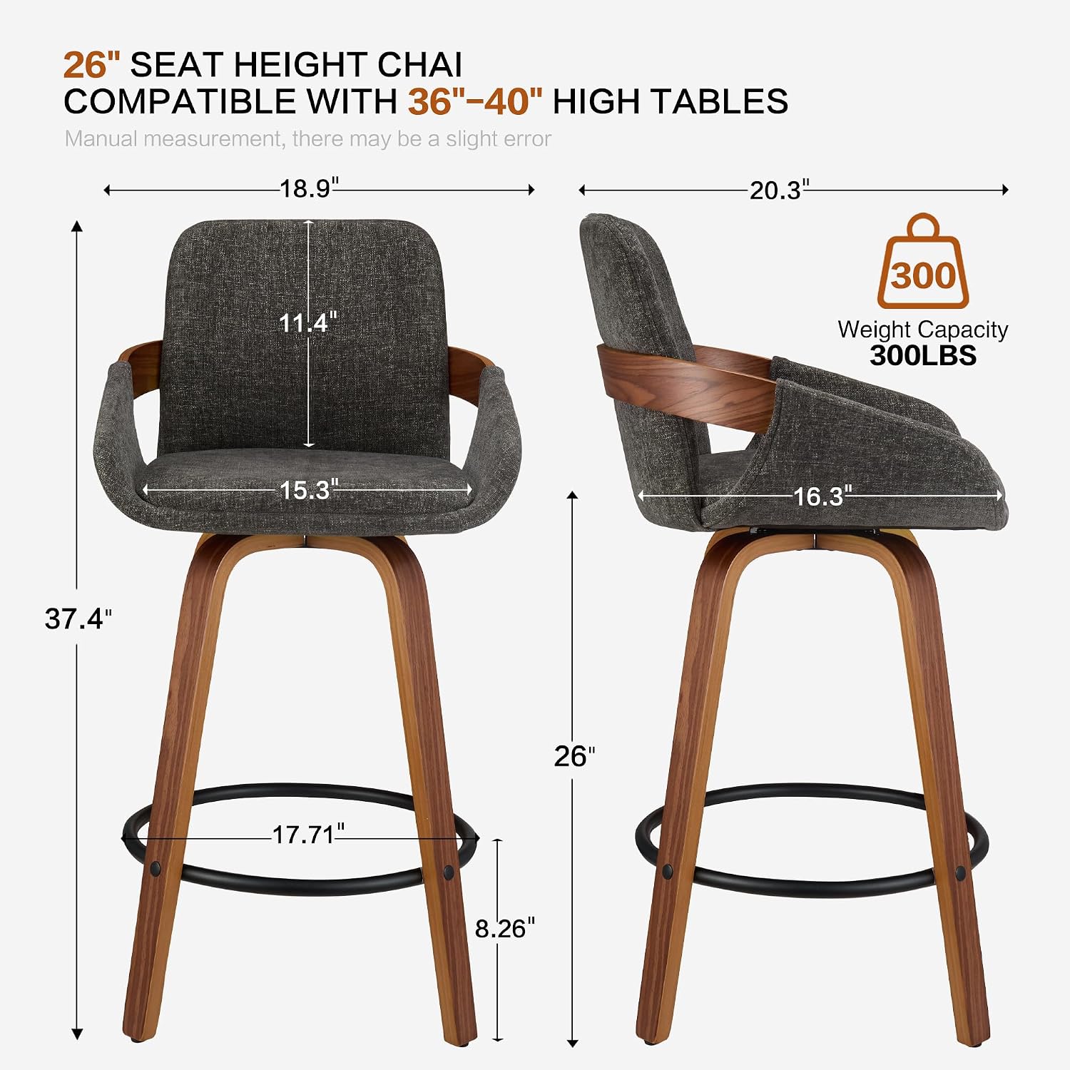 Charcoal Swivel Wood Stools Set 2