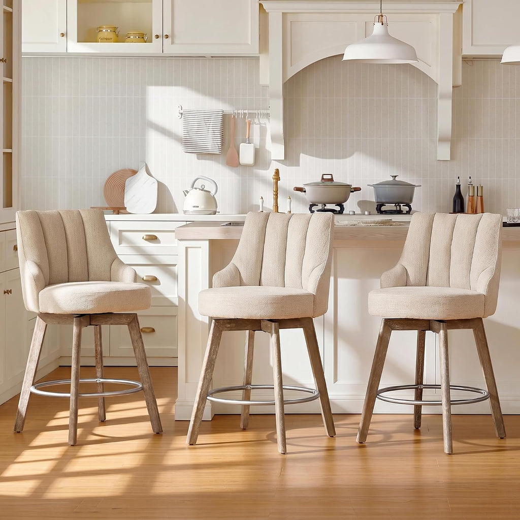 Sand Linen Wood Swivel Stools Set 3