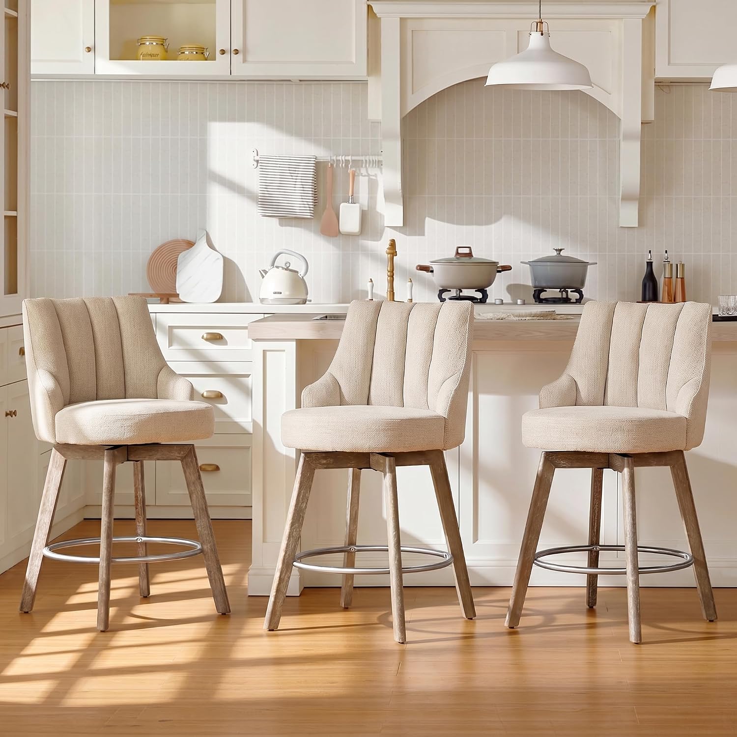 Sand Linen Wood Swivel Stools Set 3