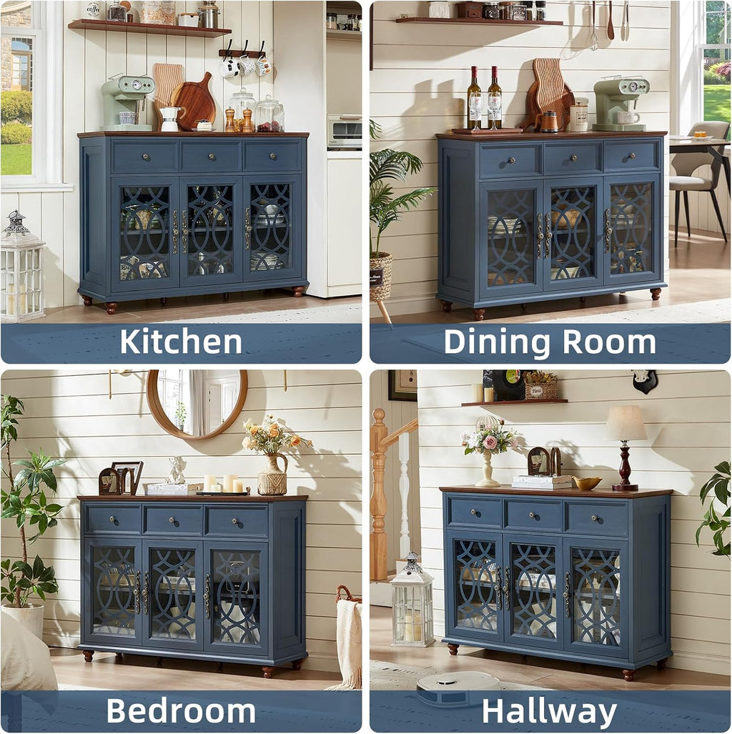 Navy Blue Farmhouse Glass Door Sideboard Cabinet