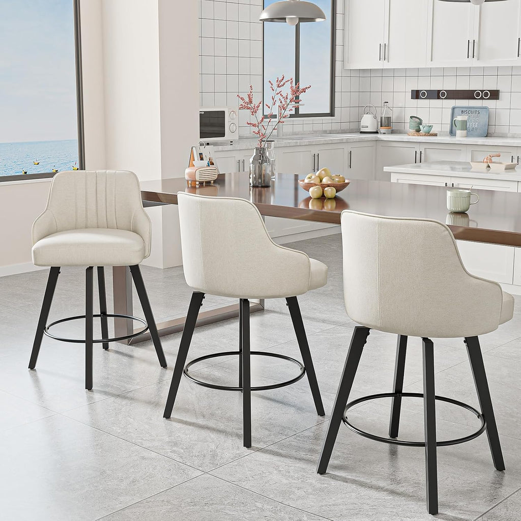 Beige Linen Wood Swivel Bar Stools Set of 2