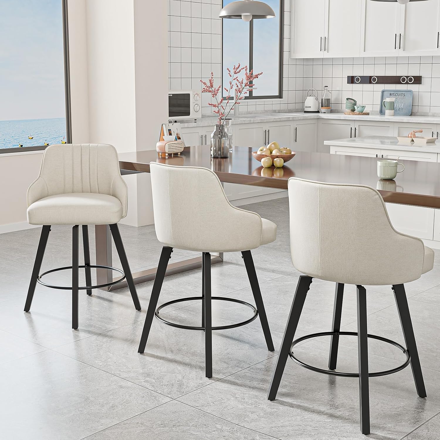 Beige Linen Wood Swivel Bar Stools Set of 2