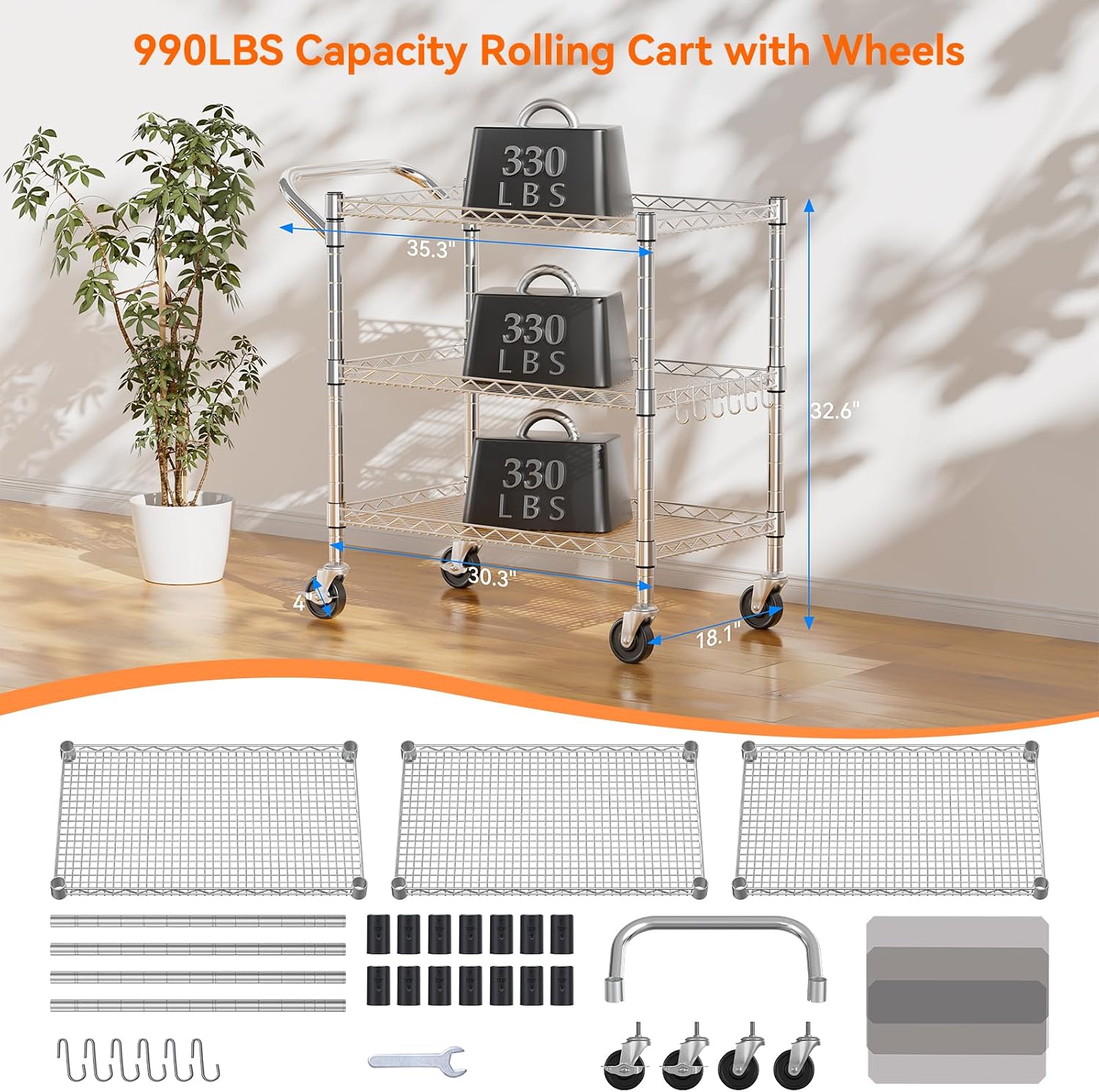 3-Tier Heavy Duty Rolling Metal Cart
