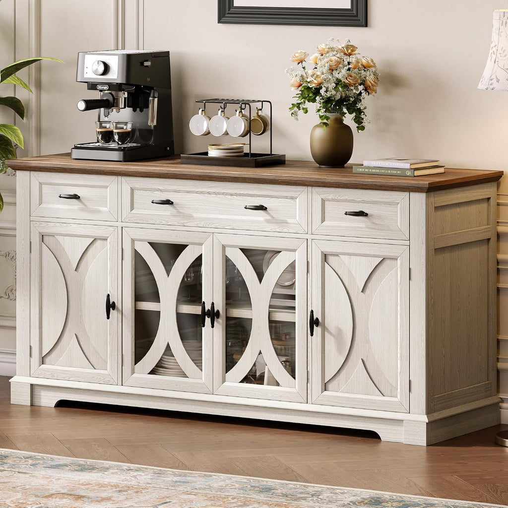 White Farmhouse Curved Glass Door Sideboard Cabinet