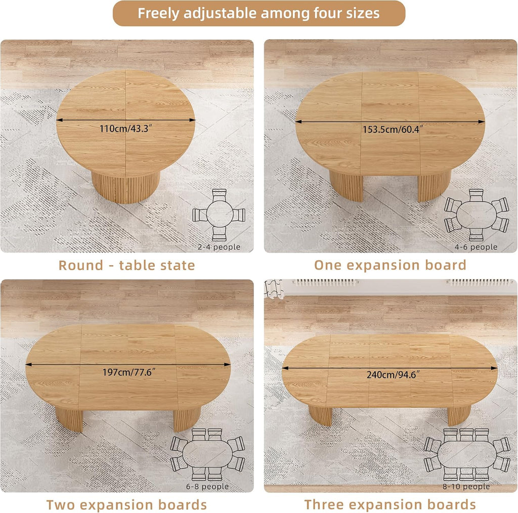 Natural Oak Fluted Oval Extendable Dining Table with 3 Leaves & Storage