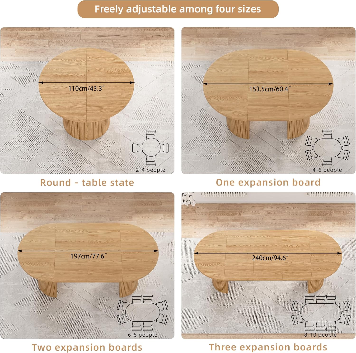 Natural Oak Fluted Oval Extendable Dining Table with 3 Leaves & Storage