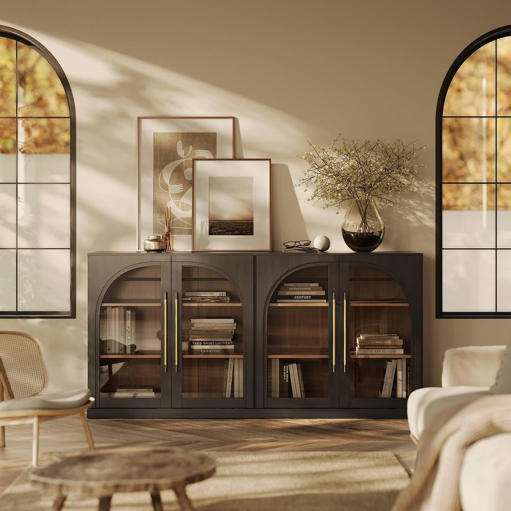 Ebony Arched Glass Door Sideboard Buffet Cabinet