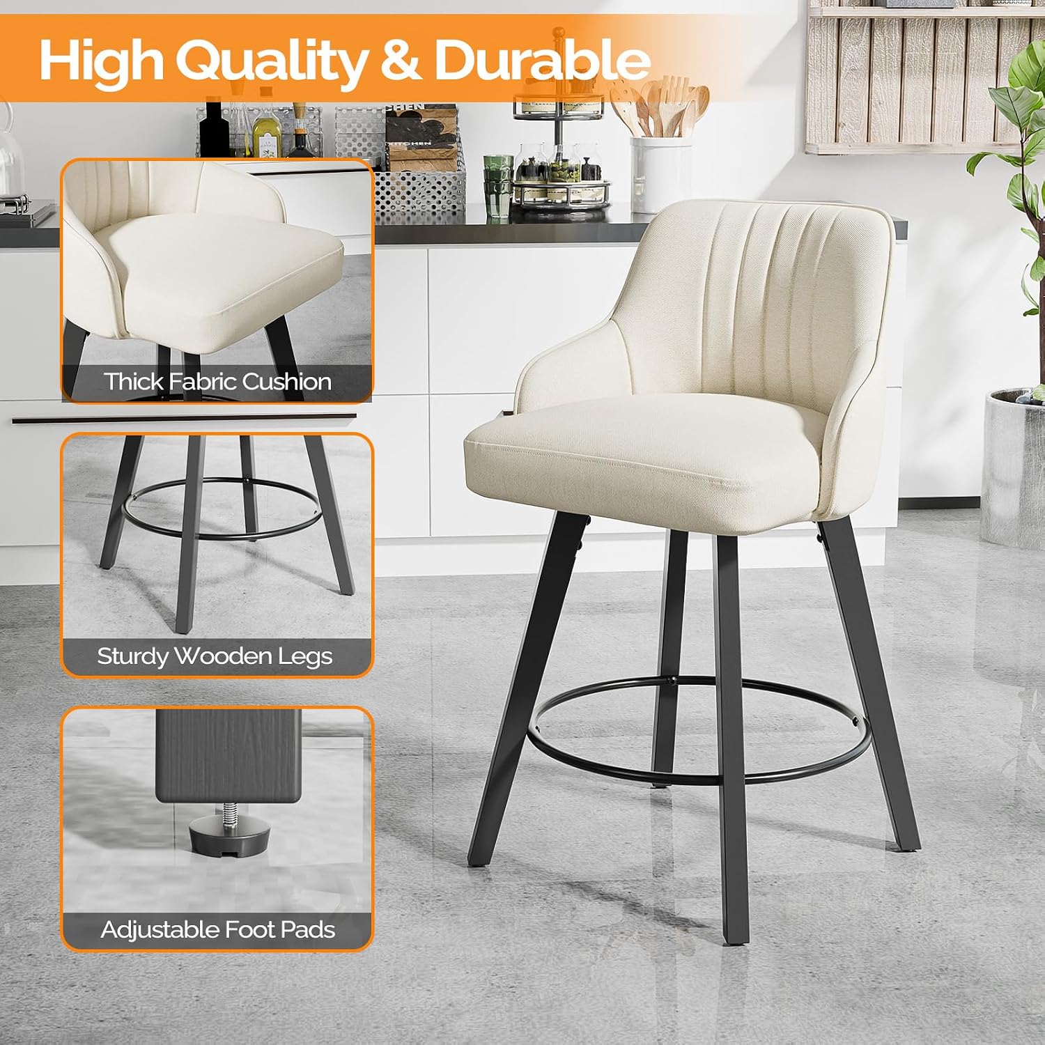 Beige Linen Wood Swivel Bar Stools Set of 2