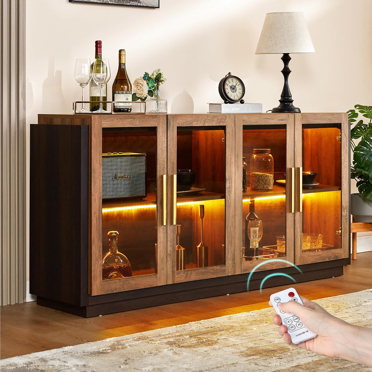 Barnwood Brown Glass Door Sideboard Cabinet