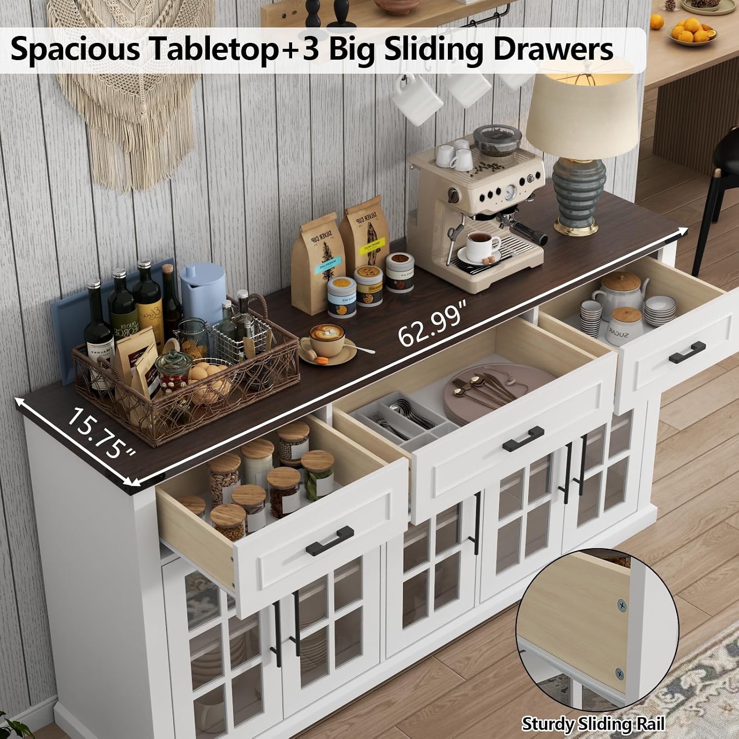 White Farmhouse Glass Door Sideboard Cabinet