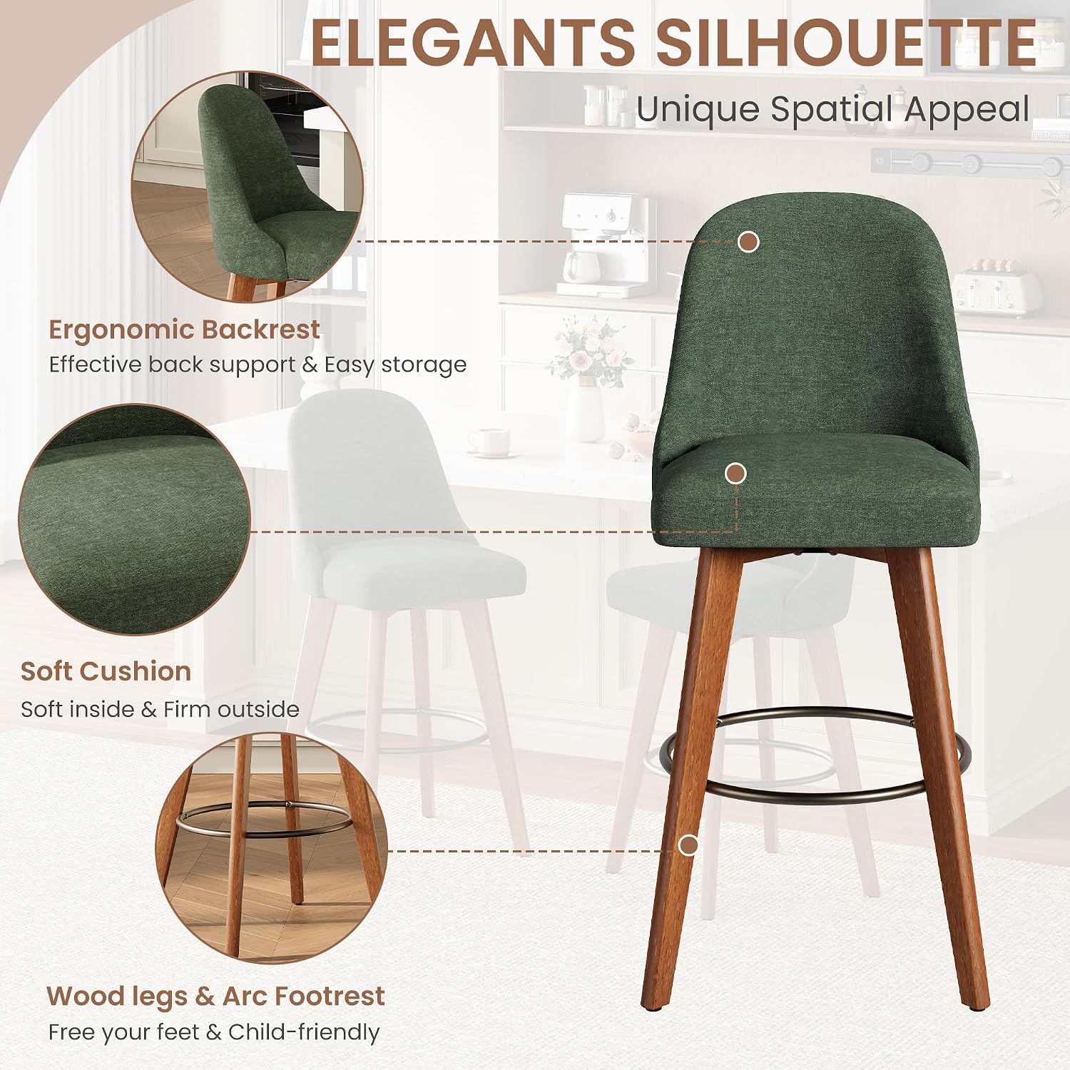 Green Linen Swivel Stools Set 4