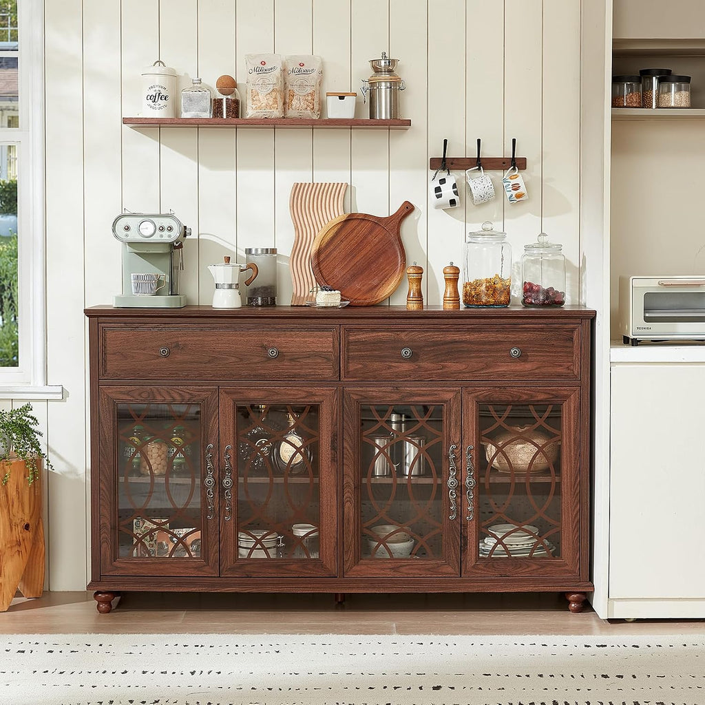 Brown Farmhouse Glass Door Sideboard Cabinet