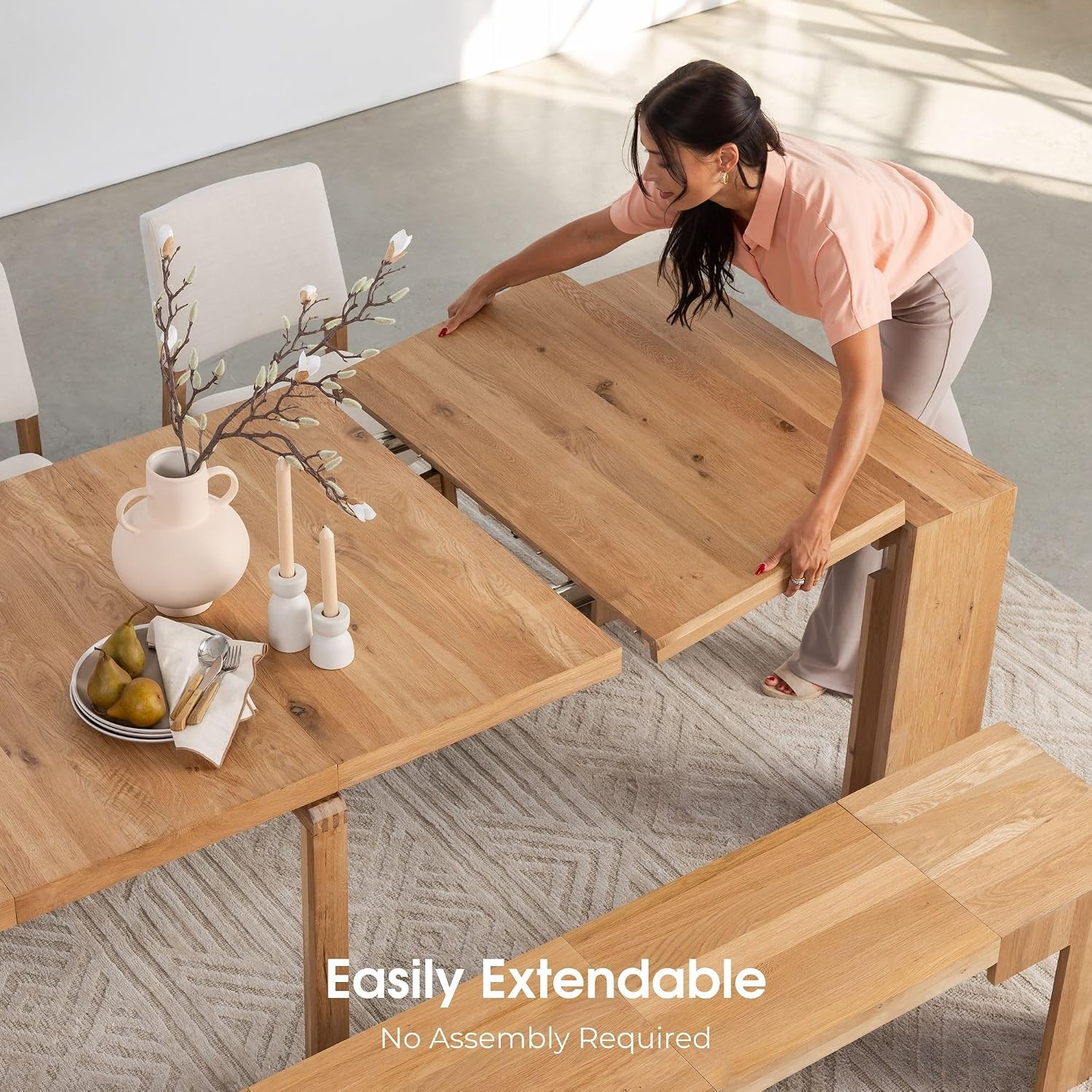 Oak Extendable Dining Table with 2 Benches
