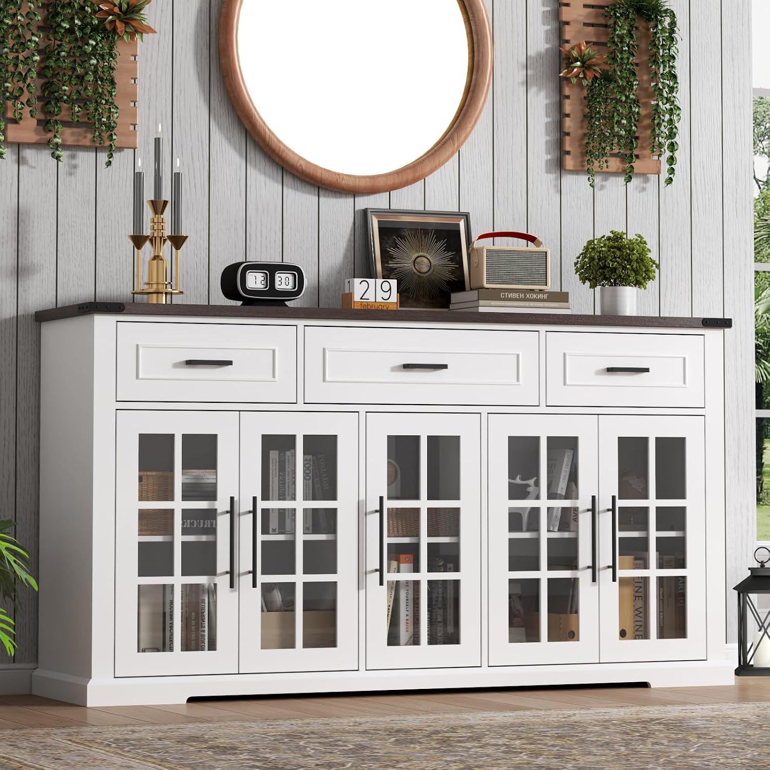 White Farmhouse Glass Door Sideboard Cabinet