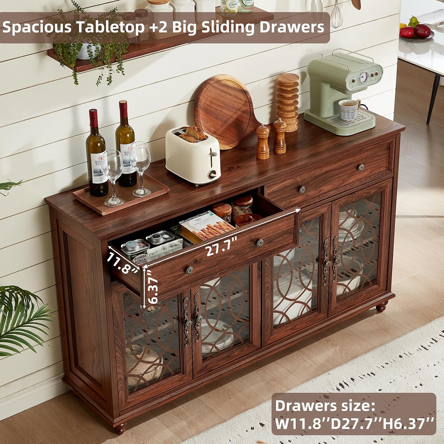Brown Farmhouse Glass Door Sideboard Cabinet