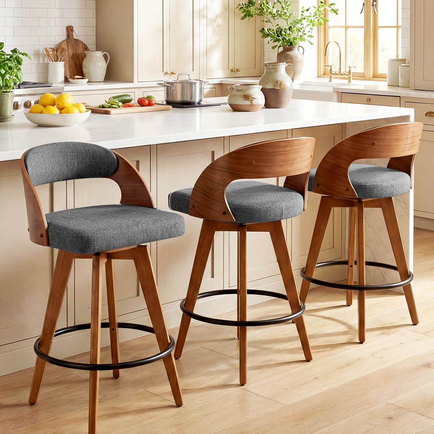 Gray Fabric Swivel Counter Stools Set 2