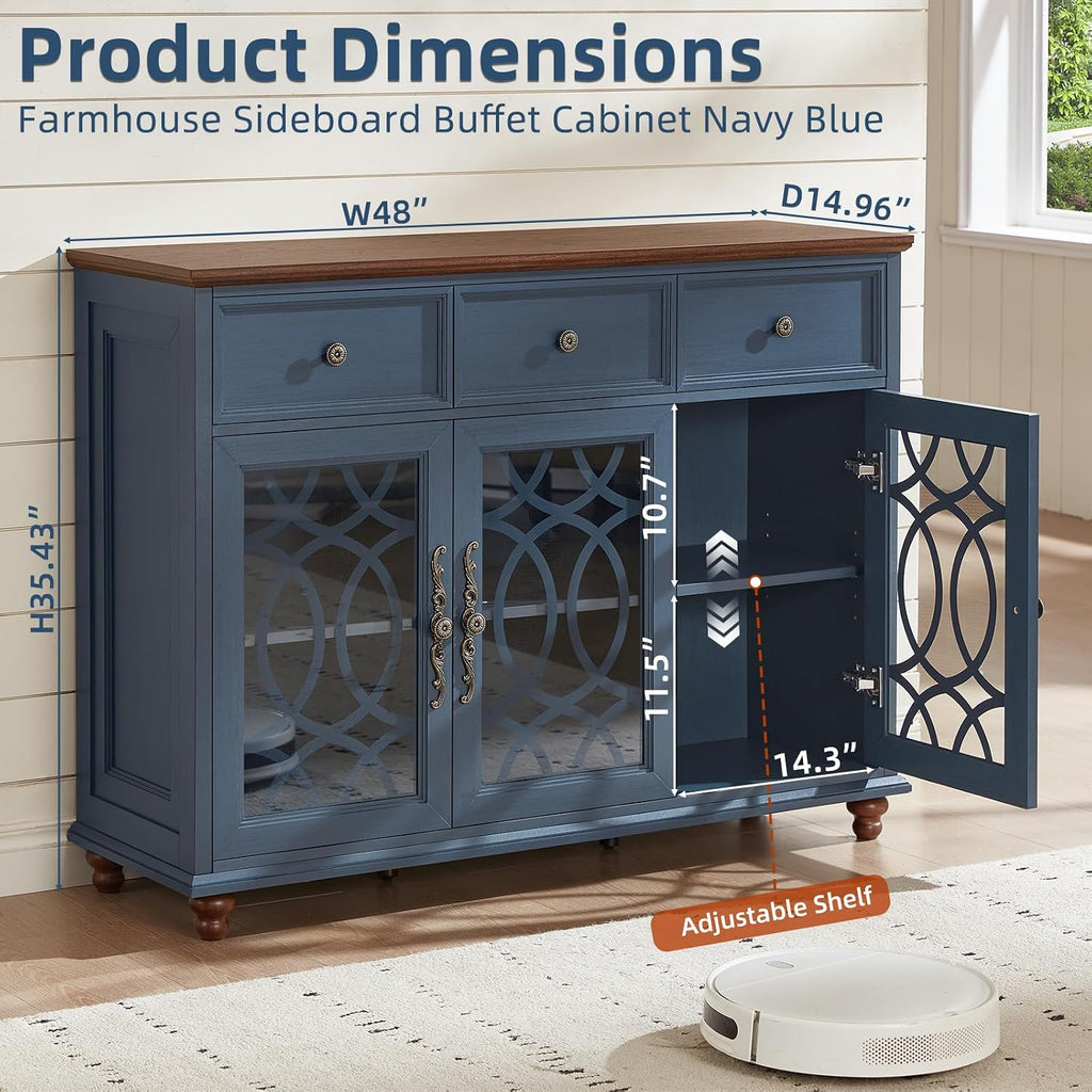 Navy Blue Farmhouse Glass Door Sideboard Cabinet