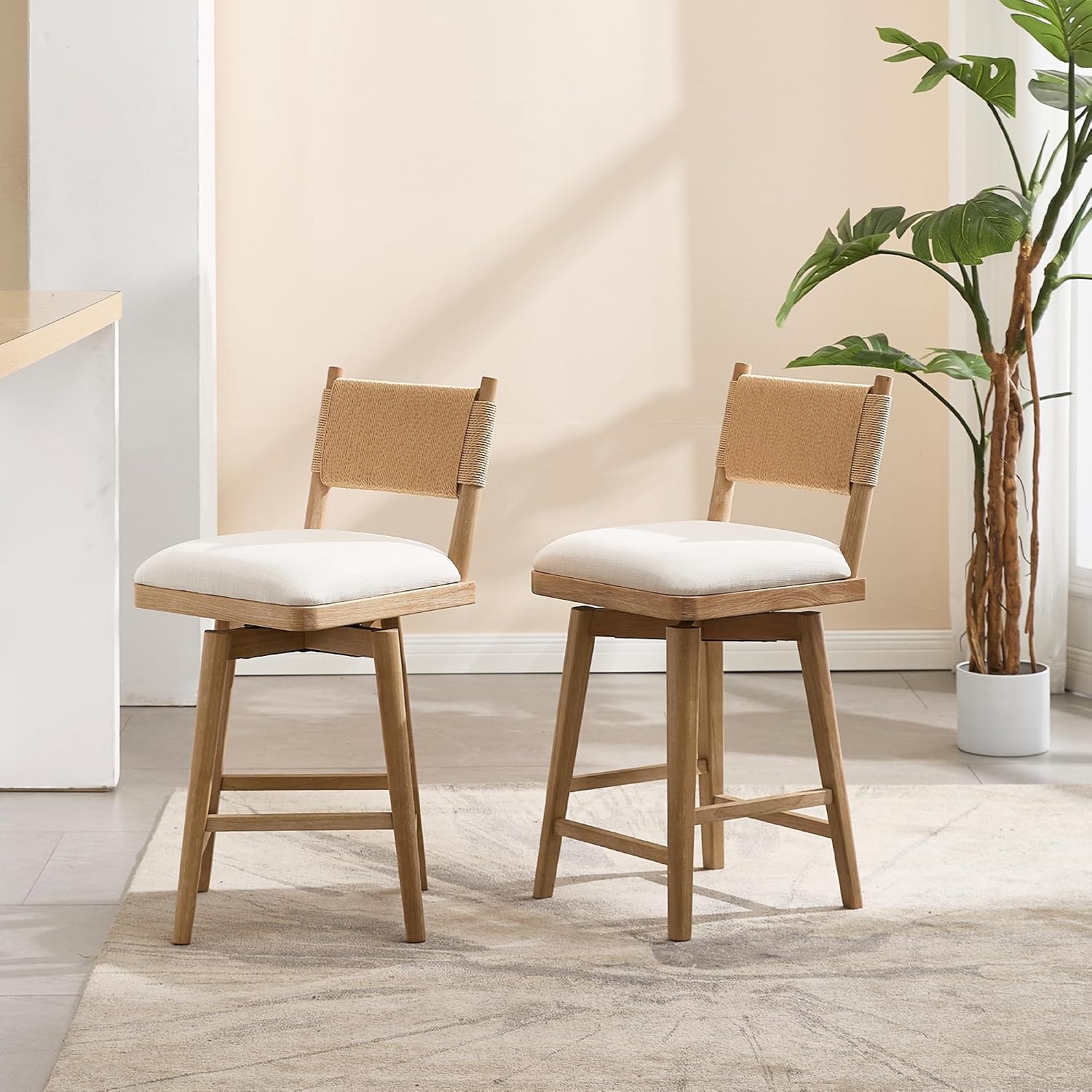 Beige Rope Swivel Stools Set 2