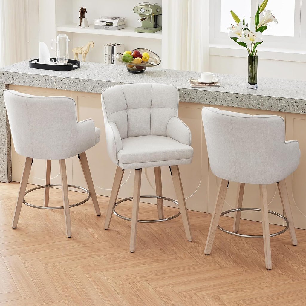 Beige Wood Swivel Bar Stools Set of 3
