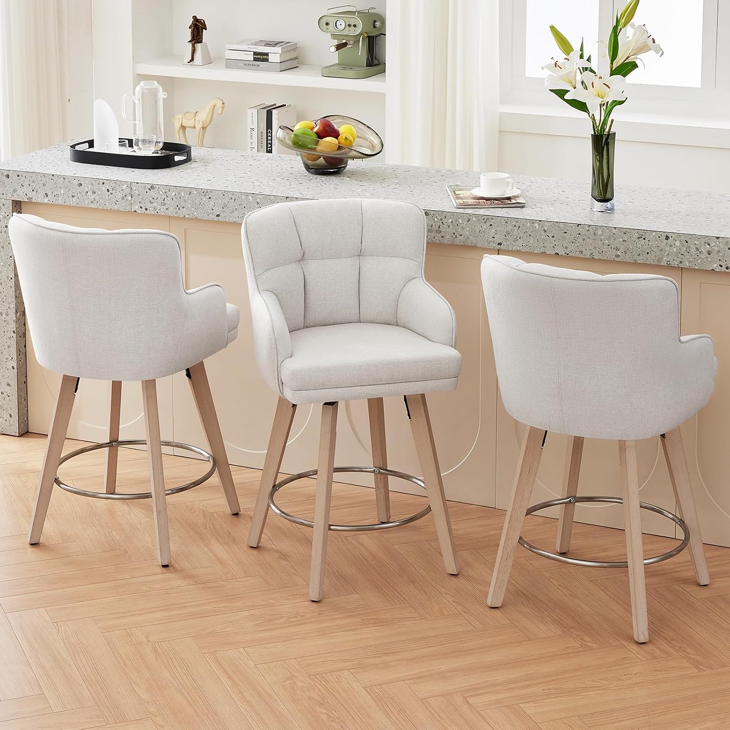 Beige Wood Swivel Bar Stools Set of 3