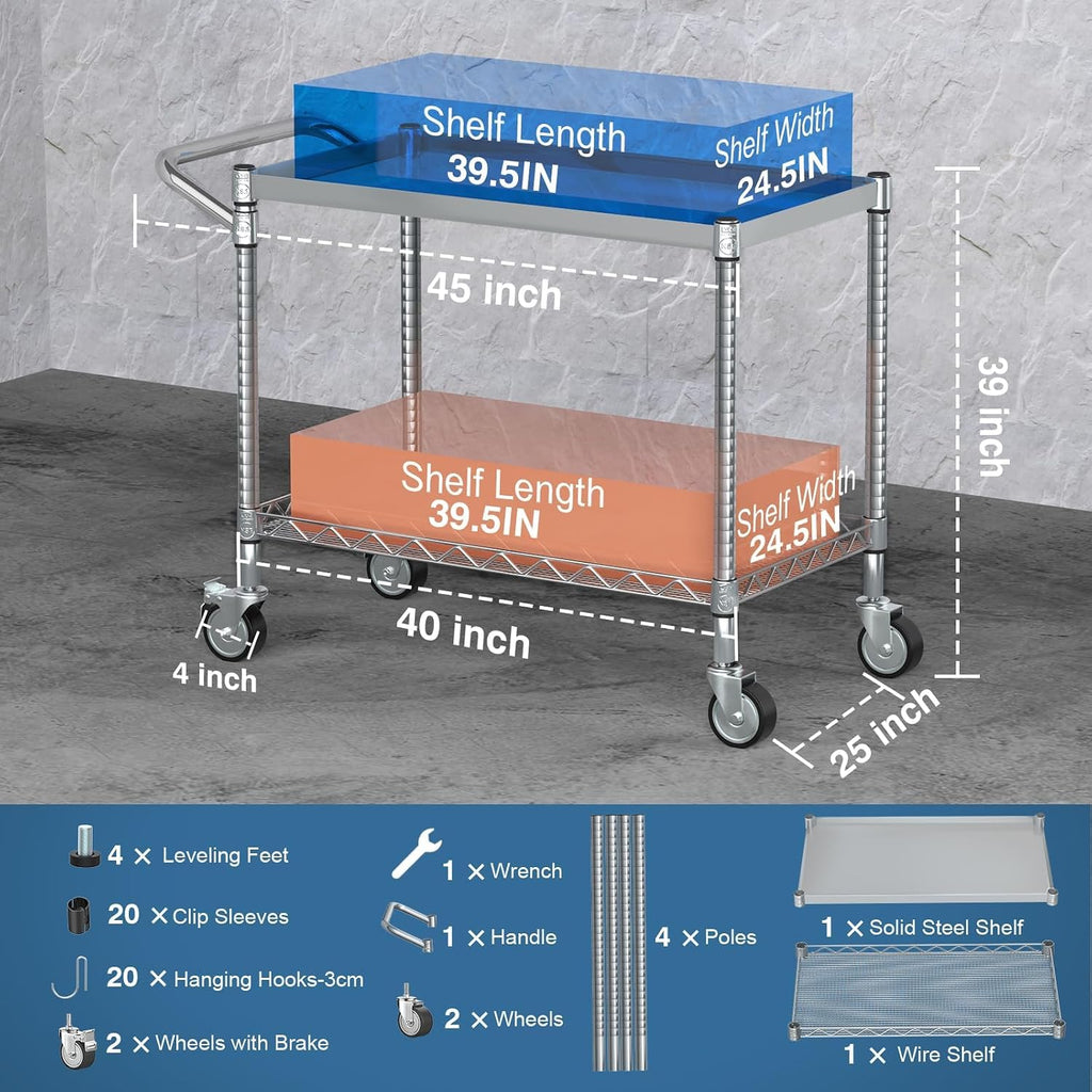 Silver 2-Tier Large Rolling Tool Cart