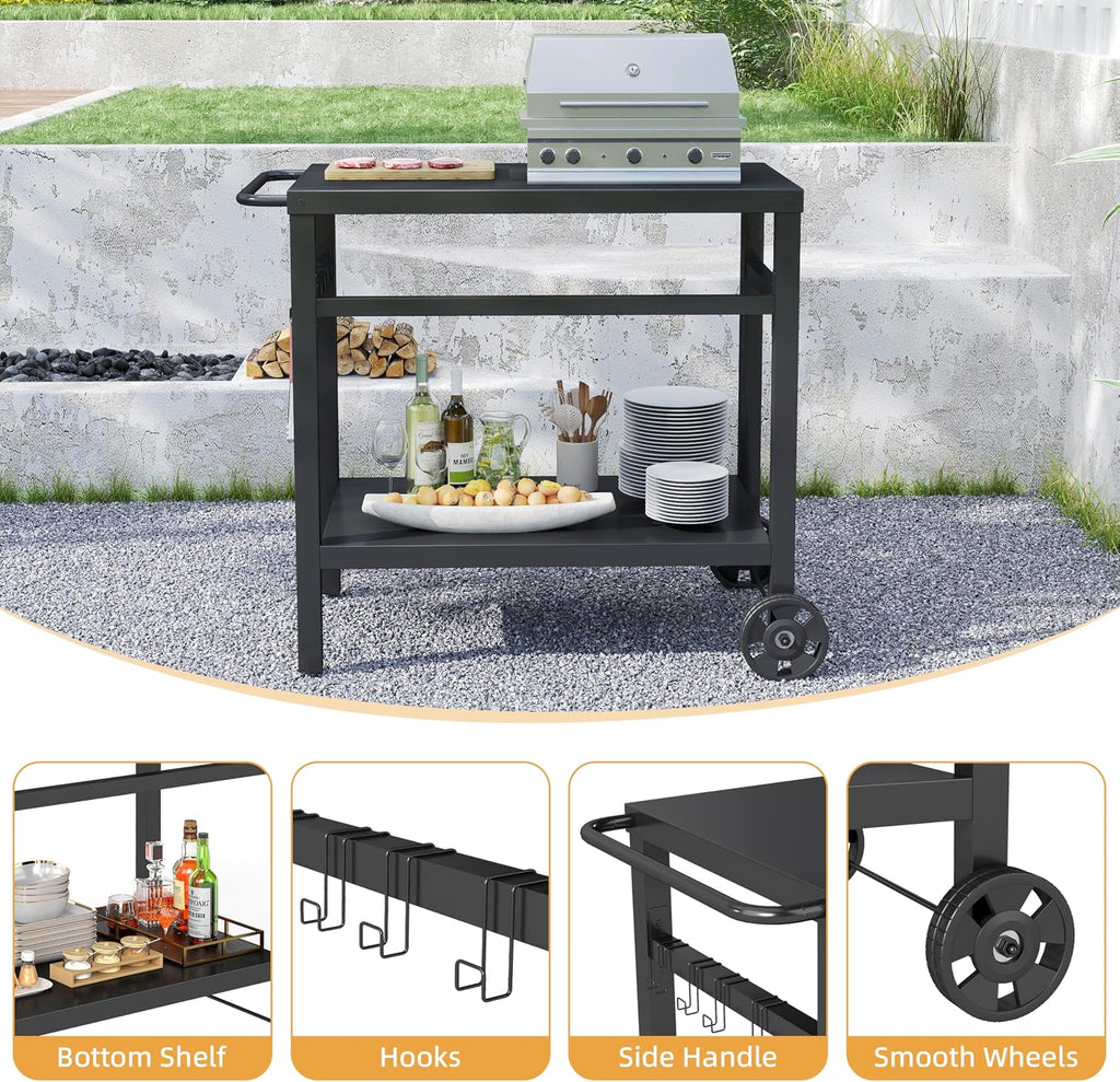 2-Tier Rolling Metal BBQ Prep Cart