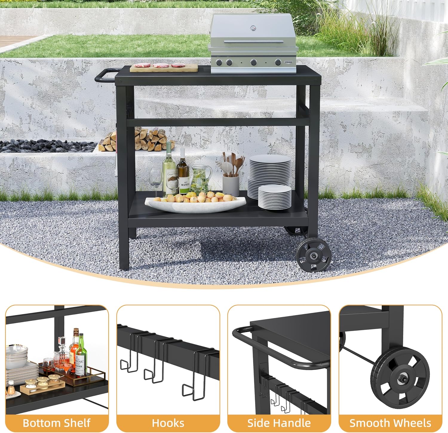 2-Tier Rolling Metal BBQ Prep Cart