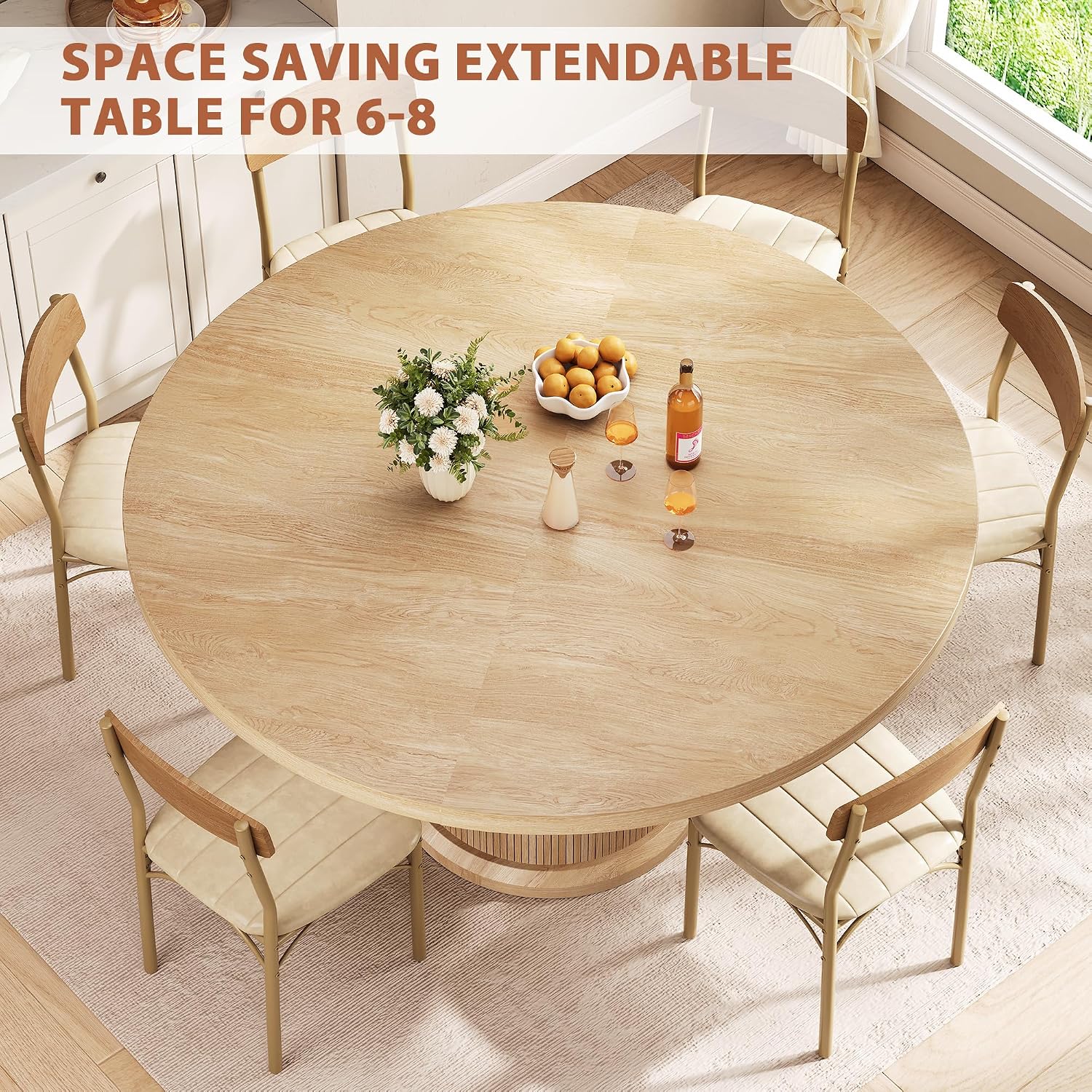 Natural Pedestal Extendable Round Dining Table