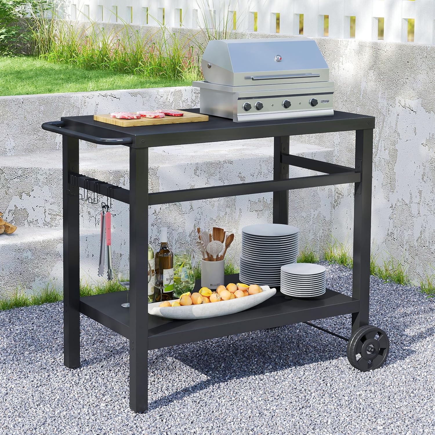 2-Tier Rolling Metal BBQ Prep Cart