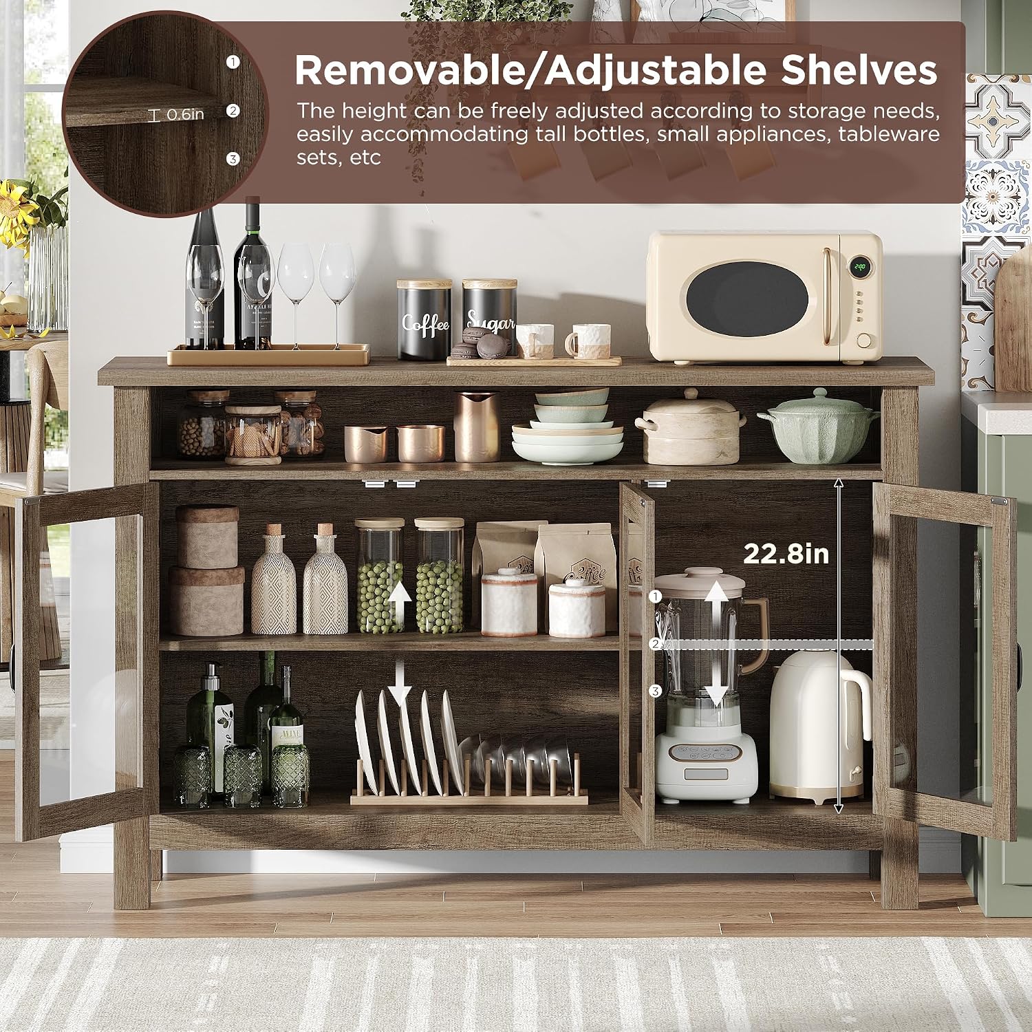 Modern Farmhouse Glass Door Storage Sideboard Cabinet