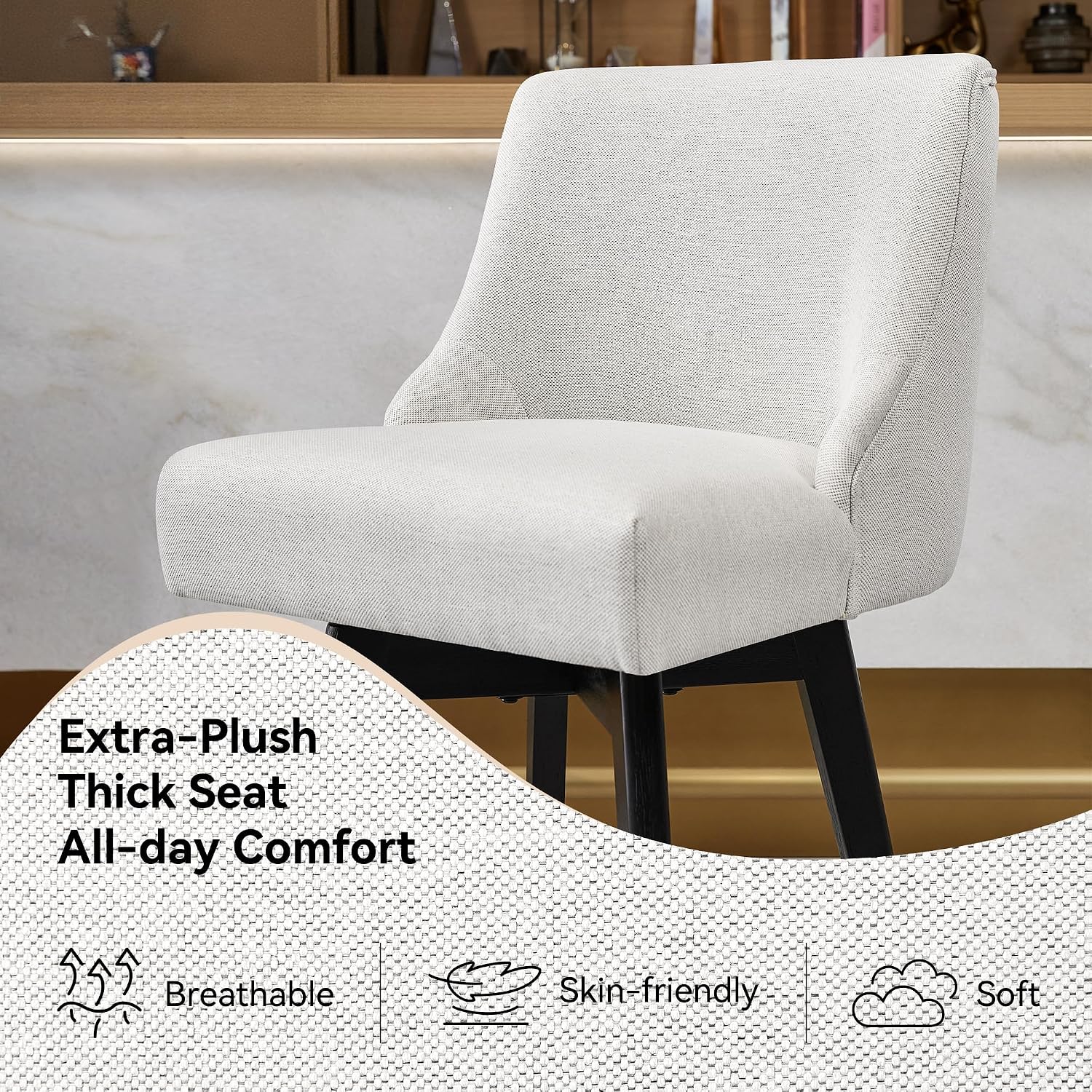 Cream Linen Wood Swivel Bar Stools Set of 3