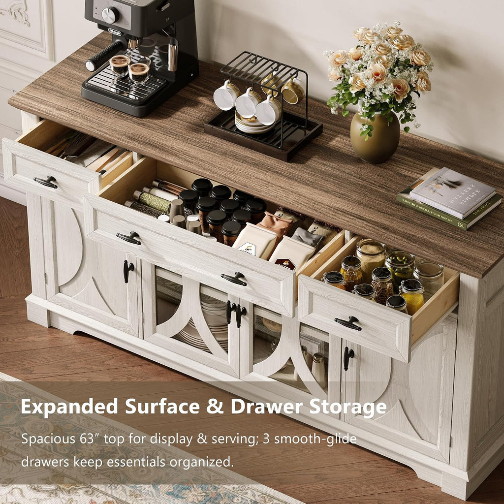 White Farmhouse Curved Glass Door Sideboard Cabinet