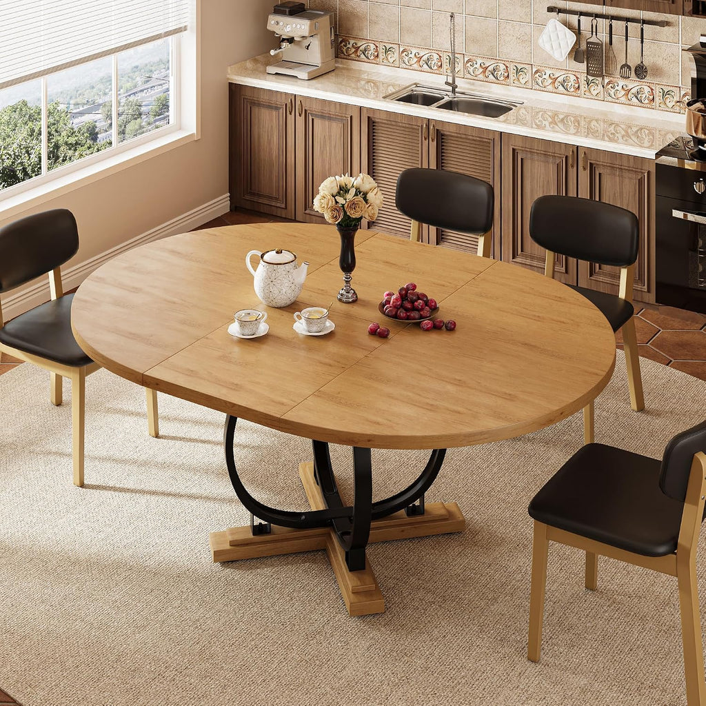 Oak Extendable Round Dining Table with X-Base Metal Legs