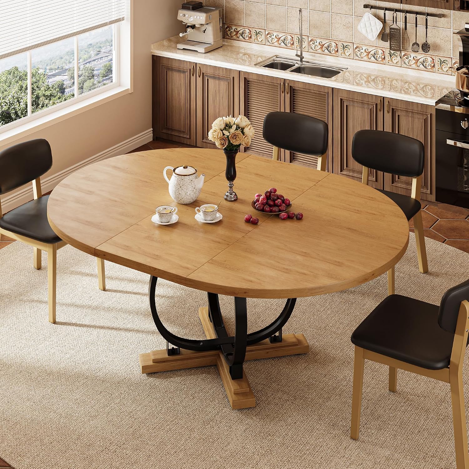 Oak Extendable Round Dining Table with X-Base Metal Legs
