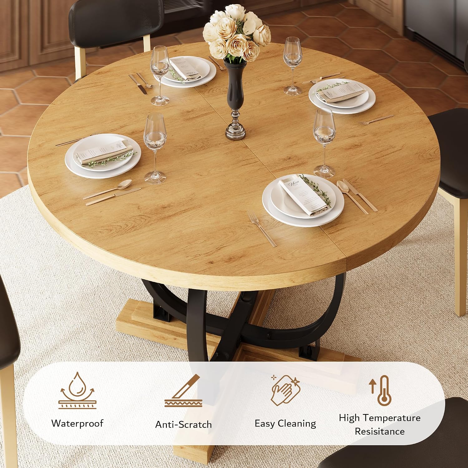 Oak Extendable Round Dining Table with X-Base Metal Legs