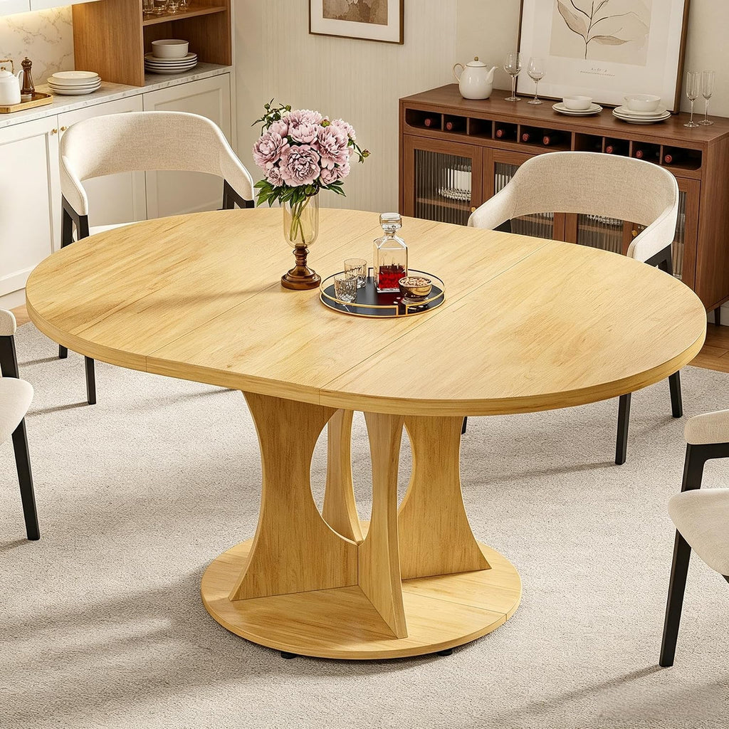 Oak Expandable Round Oval Dining Table with Hidden Storage